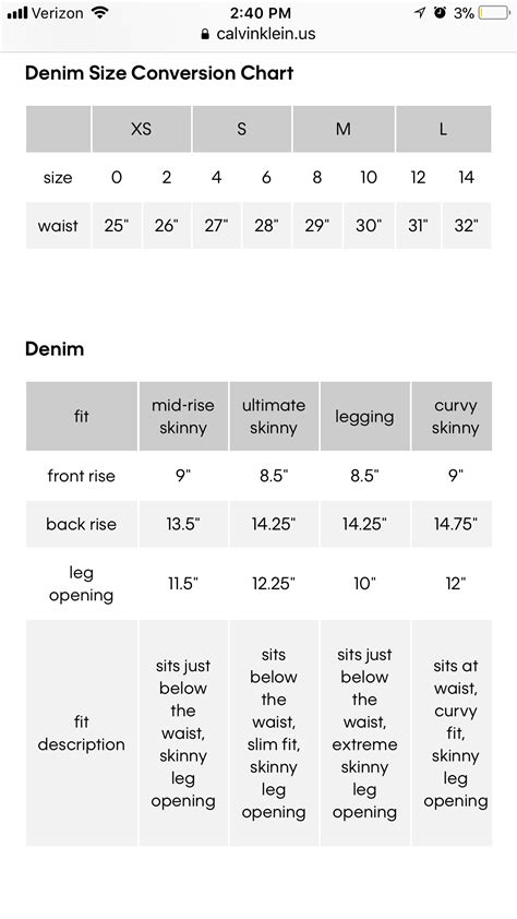 calvin klein trousers size guide